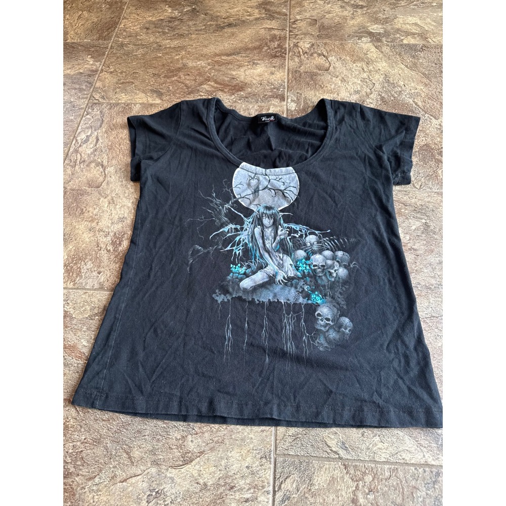 RARE Vintage Y2K Trick Fairy Skulls Graphic Black‎ Baby Tee Hot Topic Goth XL